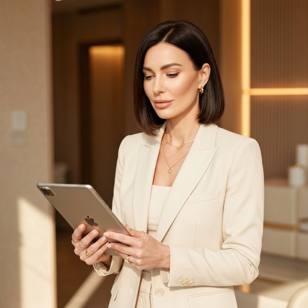 Med spa owner reviewing analytics